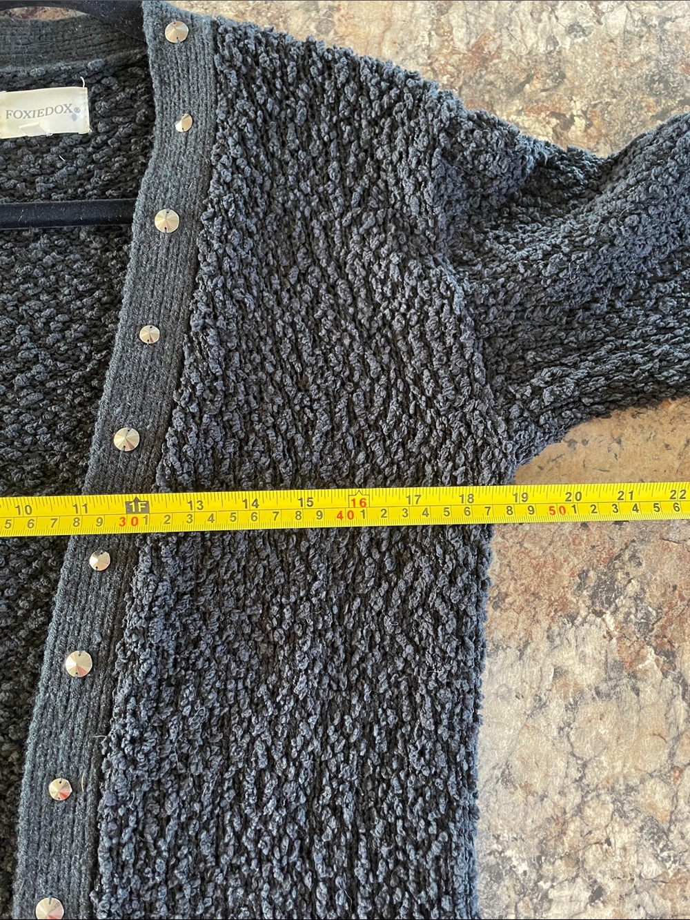 Foxiedox Black Studded Bouclé Open Cardigan Sweater M Goth Grunge Cozy Longline - Picture 9 of 10